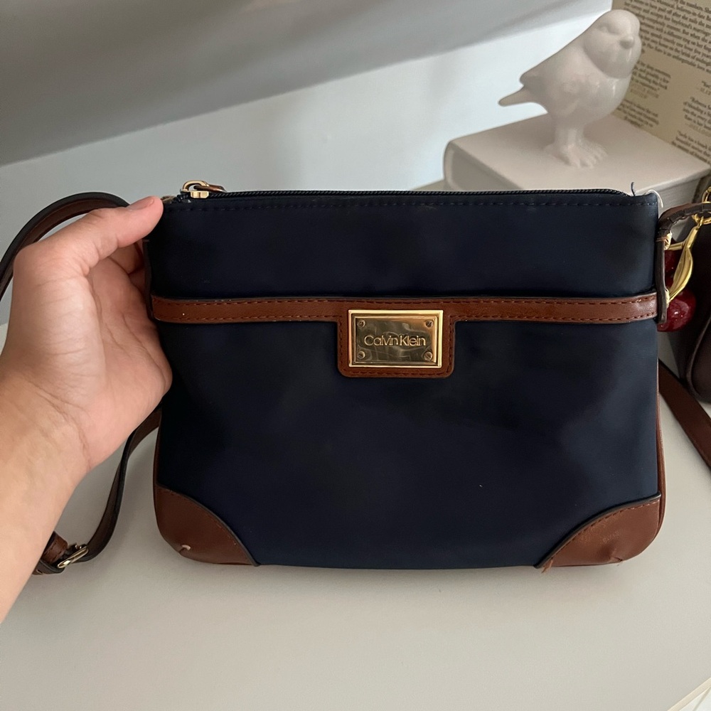 Calvin Klein Dark Blue and Brown Shoulder Bag